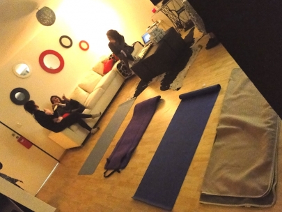 Getting ready for our yoga session at home